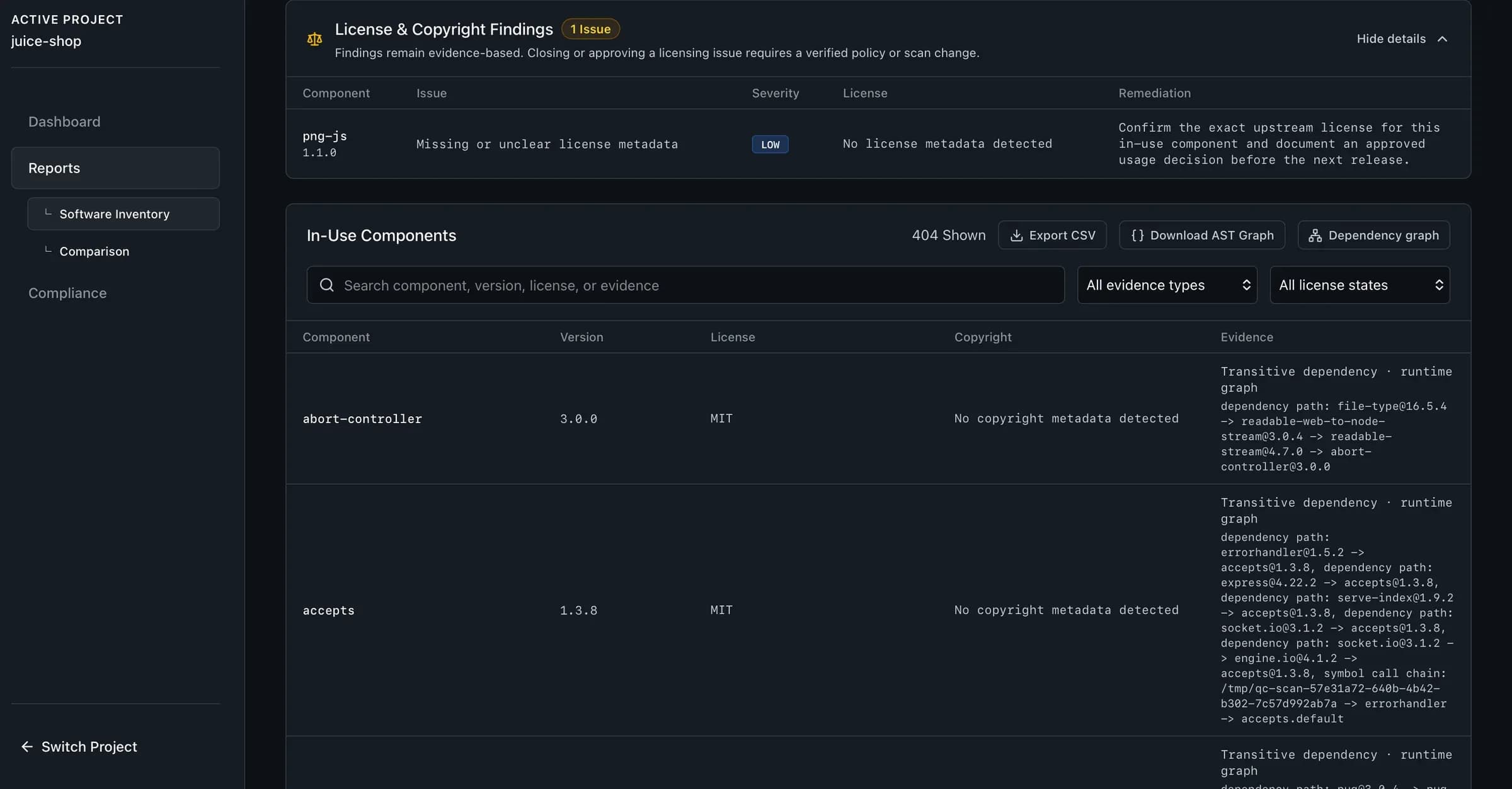 QuickChain software inventory view showing in-use components with their dependency paths and runtime evidence.