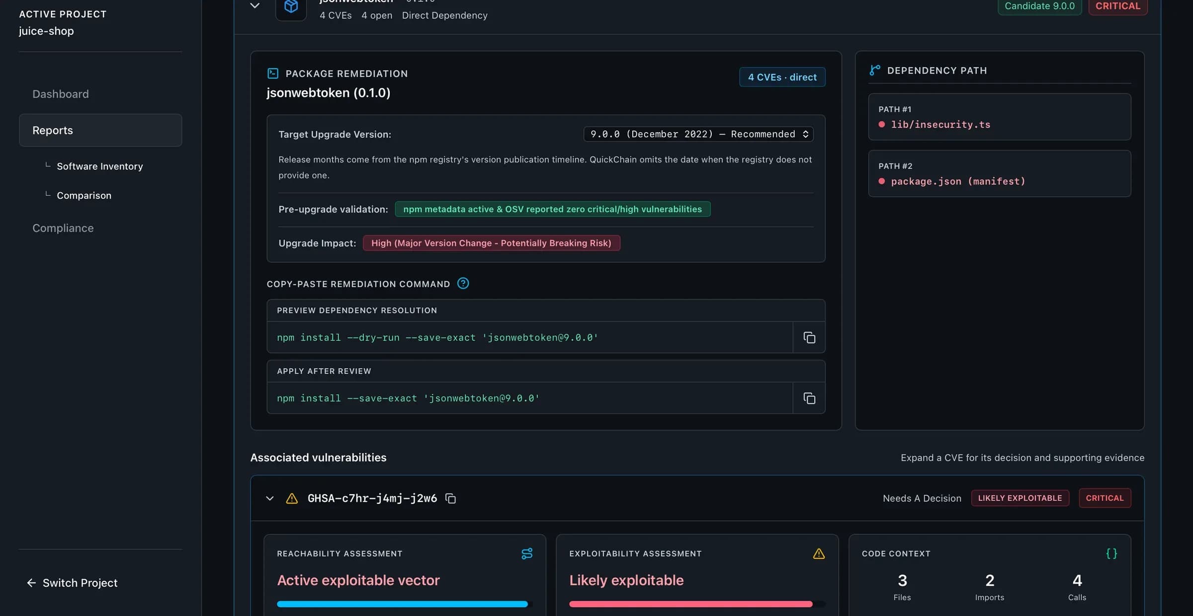 QuickChain package remediation view showing the dependency path, reachability assessment, exploitability assessment, and code context for a finding.