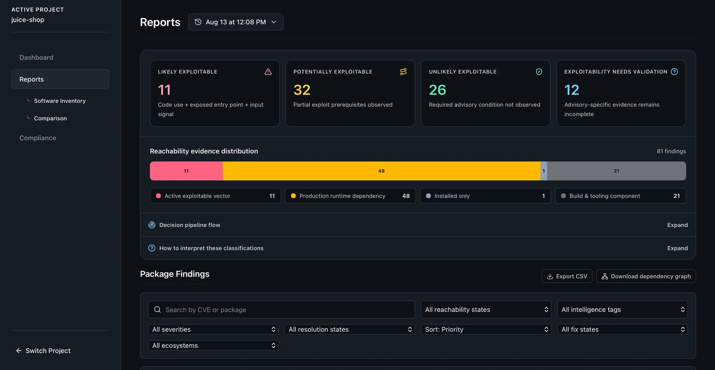 QuickChain reports view with likely, potentially, and unlikely exploitable classifications.