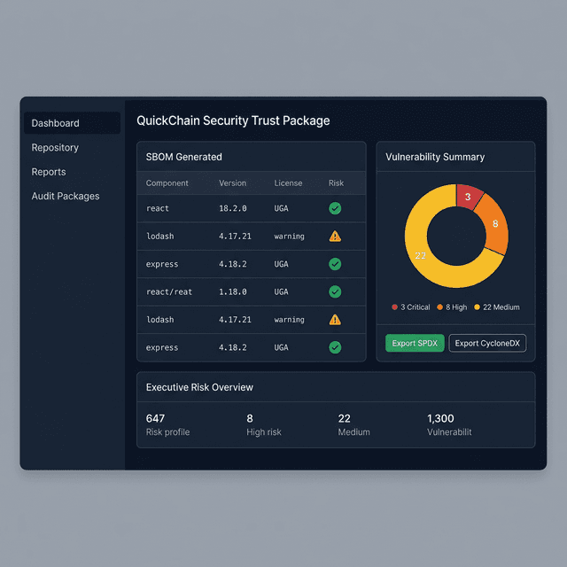QuickChain dashboard showing SBOM generation and vulnerability summary